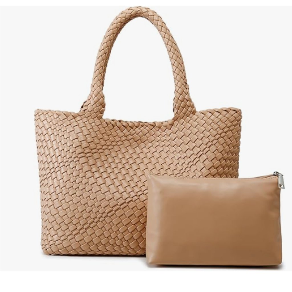 Nwt Queenoris Vegan Leather Woven Top Handle Shoulder Bag Tan Large Travel Tote